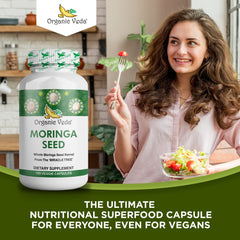 Serving suggestion showing two moringa capsules daily