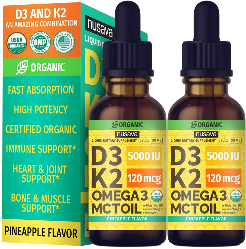 Front view of Pineapple-flavored Organic Vitamin D3 K2 Drops bottle with MCT oil, 2 fl oz
