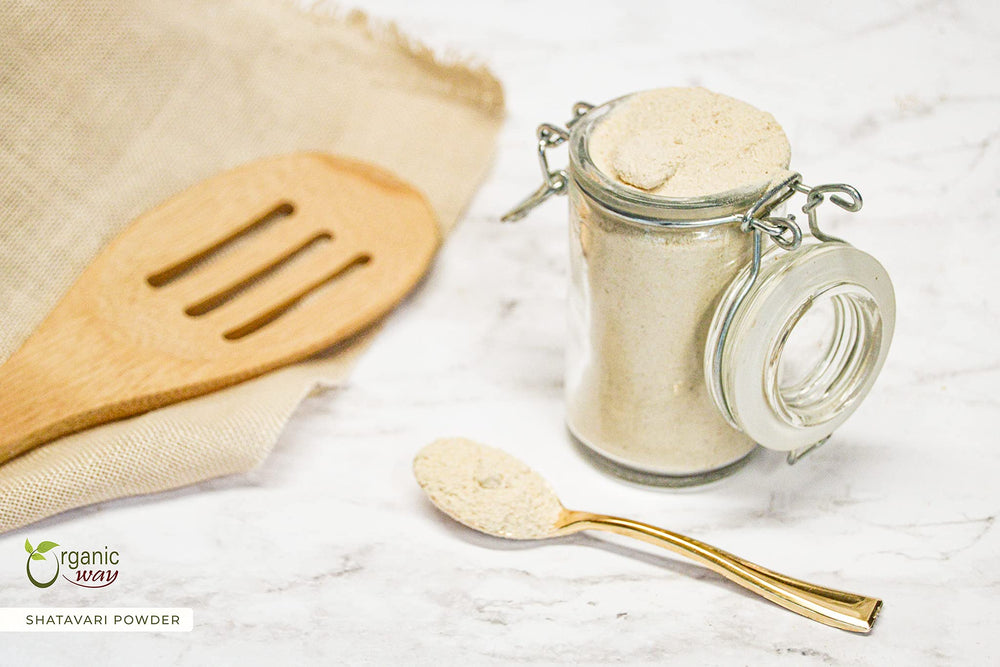Close-up of Organic Way Shatavari powder texture