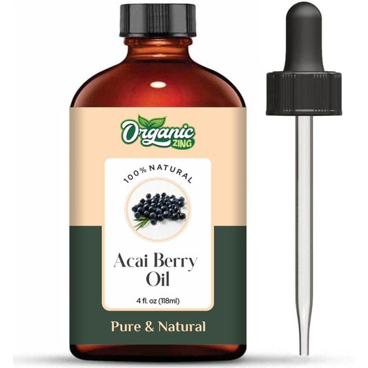 Organic Zing Acai Oil bottle shows pure carrier oil ready for skincare.