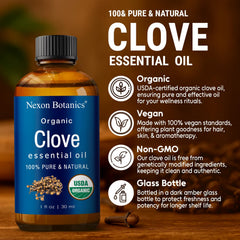 Close-up of Organic Clove Essential Oil bottle label