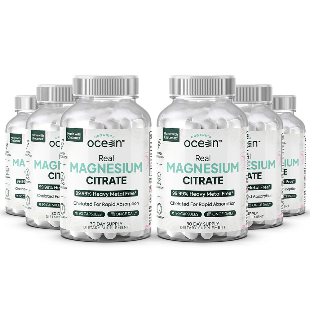 Organics Ocean Magnesium Citrate bottle with six-pack bulk packaging