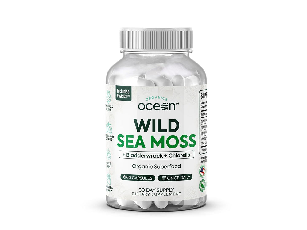 Front view of Organics Ocean Wild Sea Moss Capsules bottle, 60 capsules