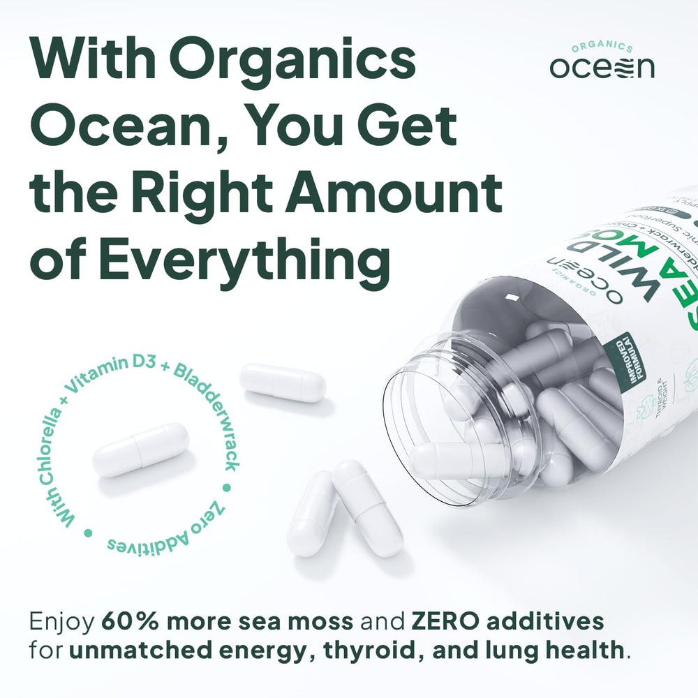 Close-up of the organic sea moss blend with bladderwrack, chlorella and D3