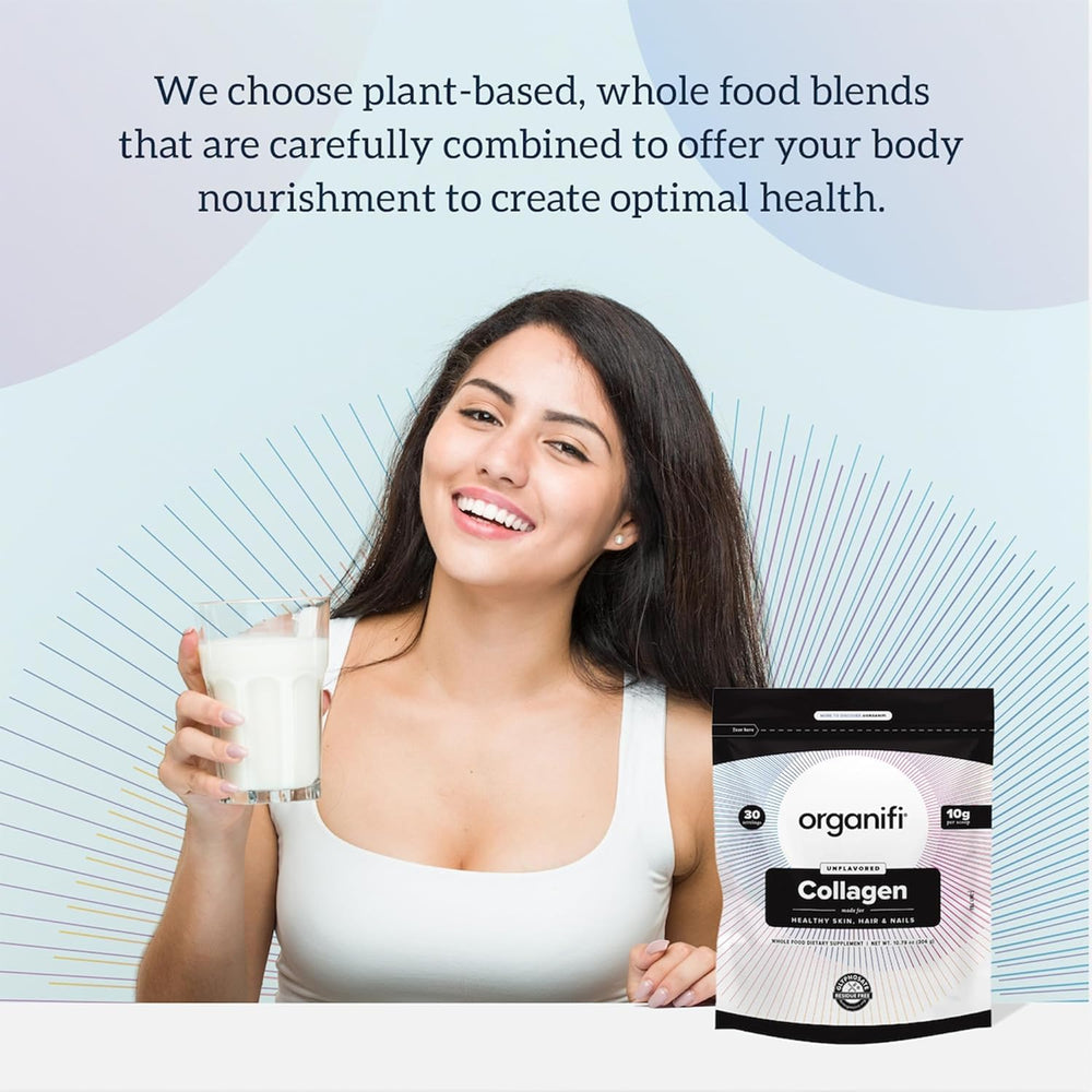 Lifestyle image of a person with Organifi Collagen bottle