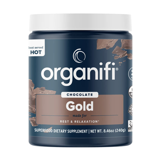 Organifi Gold Chocolate packaging with scoop and mug