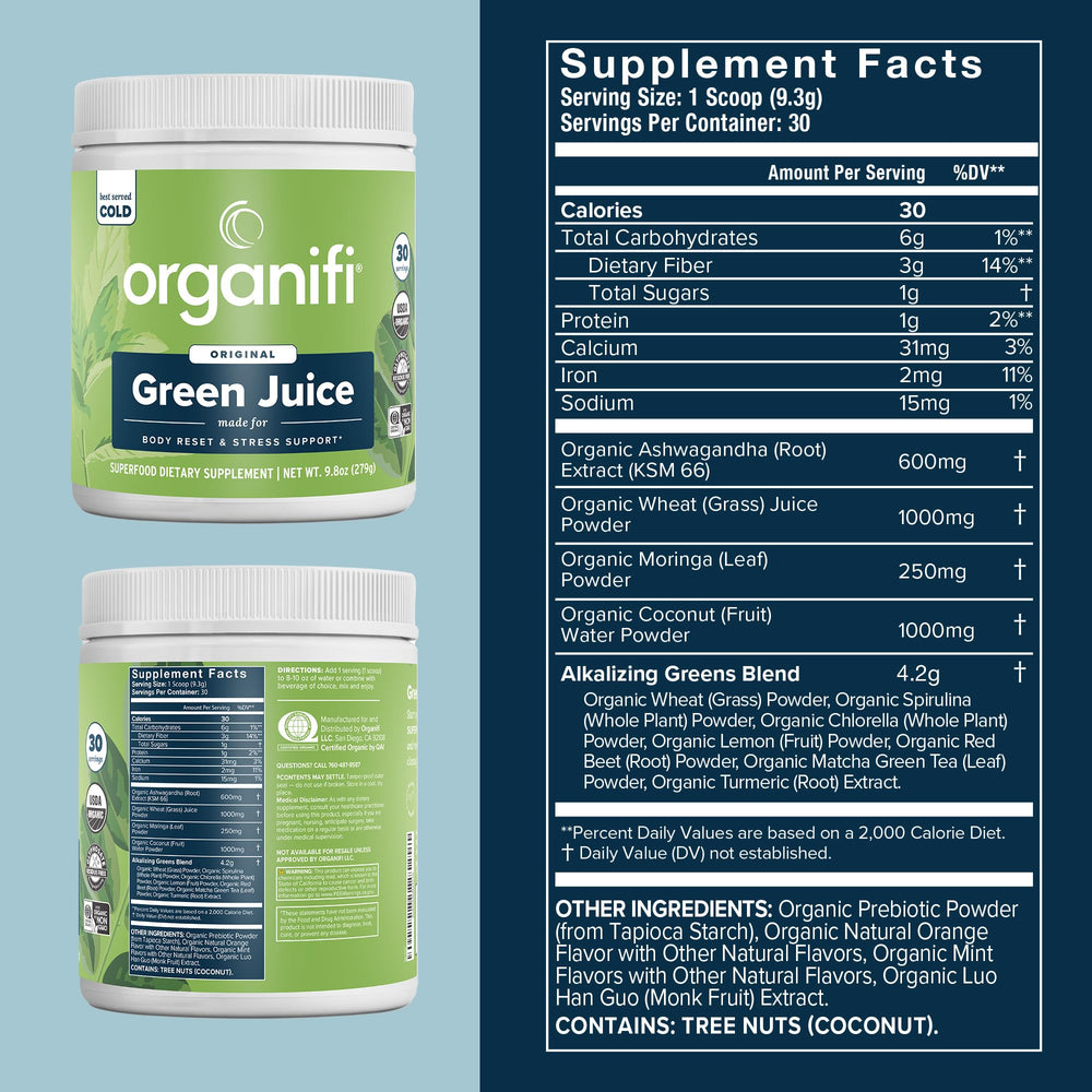 Organifi Green Juice powder scoop for easy measurement in a quick morning ritual.