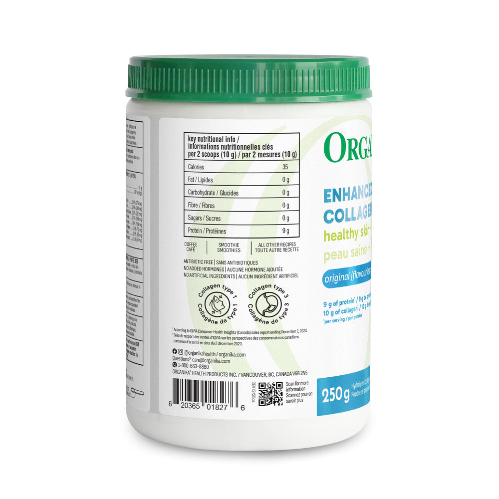 Product shot with ORGANIKA Collagen Enhanced 250 g and packaging