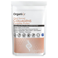Unflavored collagen powder being poured into a glass