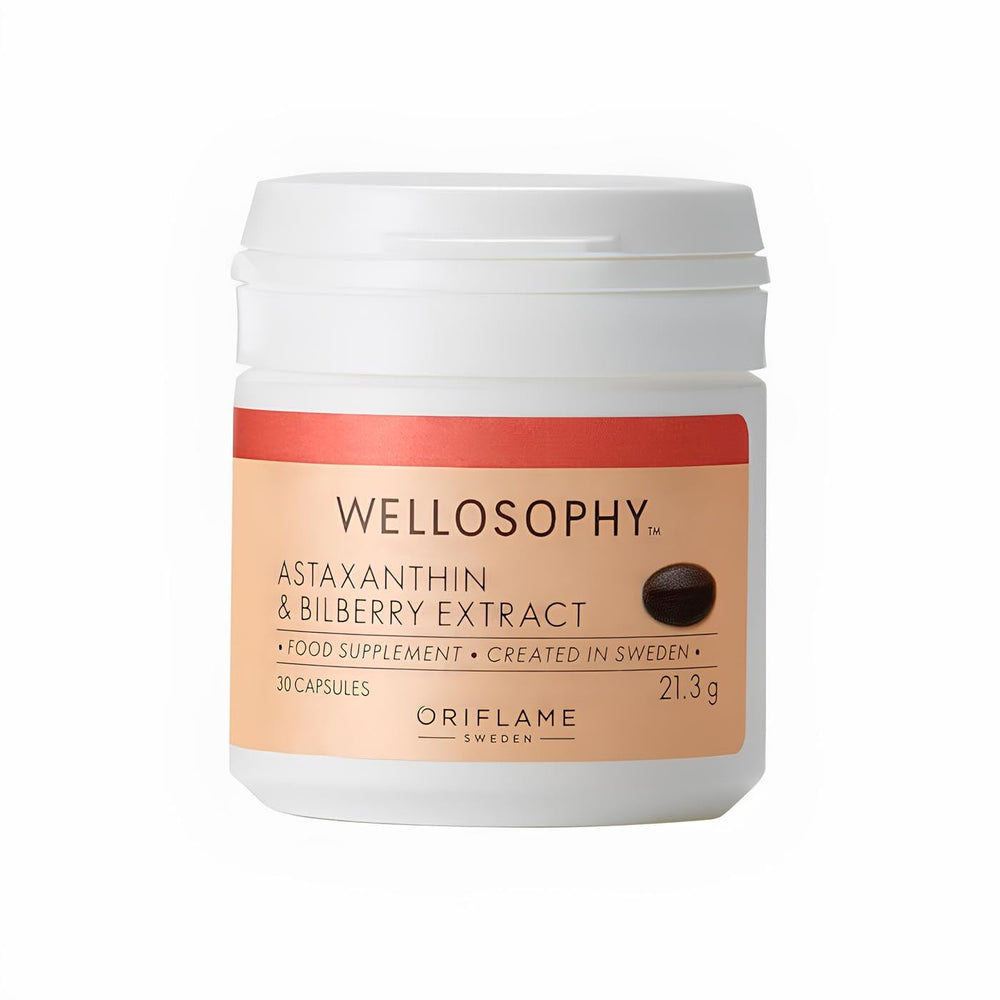 Oriflame Wellness Astaxanthin & Bilberry Extract supplement bottle