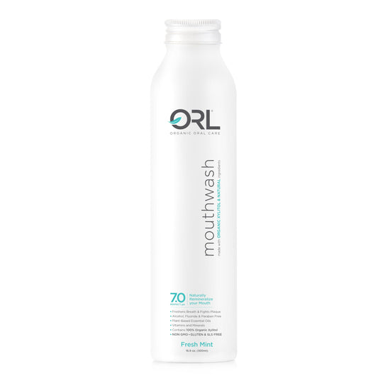 Front view of ORL mouthwash in eco-friendly aluminum bottle 16.9 oz
