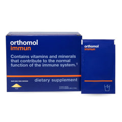 Orthomol Immun powder packet with water for easy daily immune support.