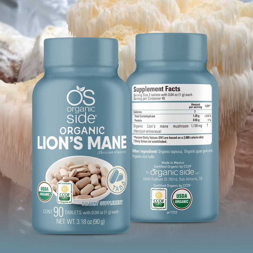 Close-up of USDA Organic and Non-GMO Lion's Mane label
