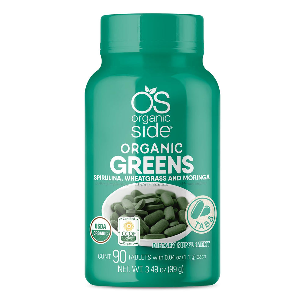 OS Organic Side Organic Greens bottle label featuring spirulina, wheatgrass and moringa