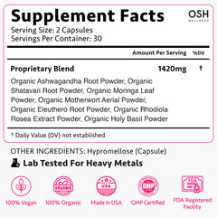 Capsules close-up showing herbal blend of Ashwagandha, Rhodiola, and Shatavari
