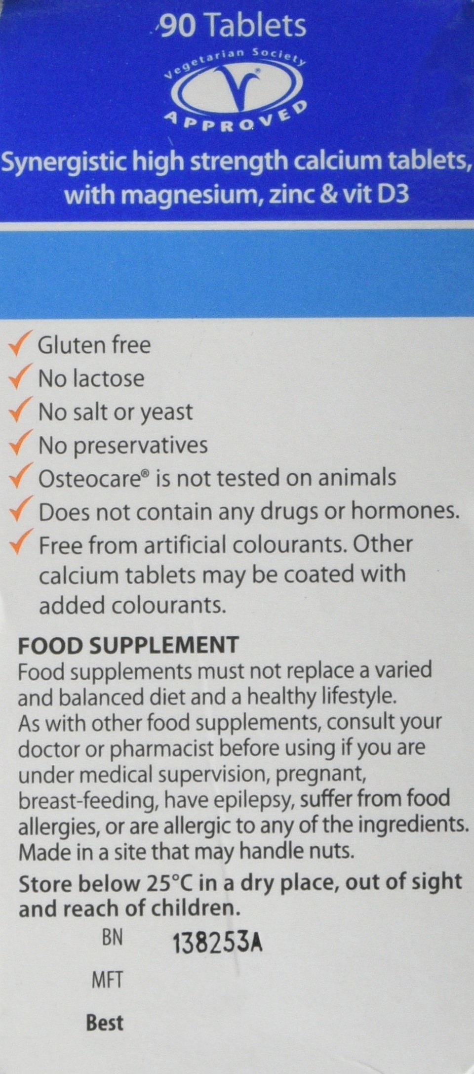 Close-up of Osteocare 90 Tablets bottle label