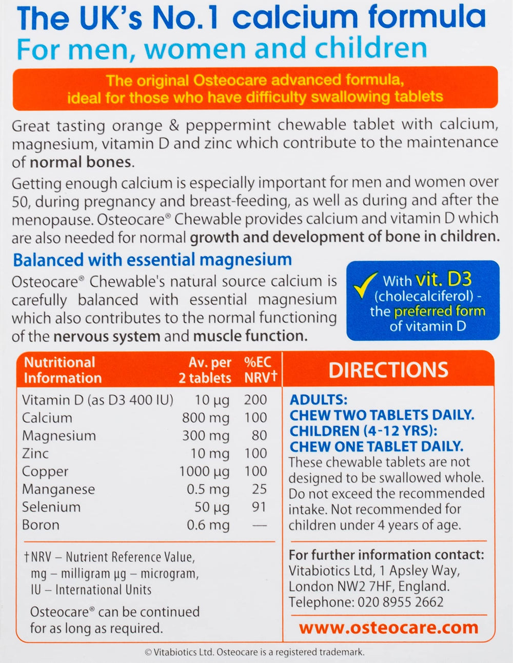 Peppermint and orange flavoured Osteocare Chewable tablets