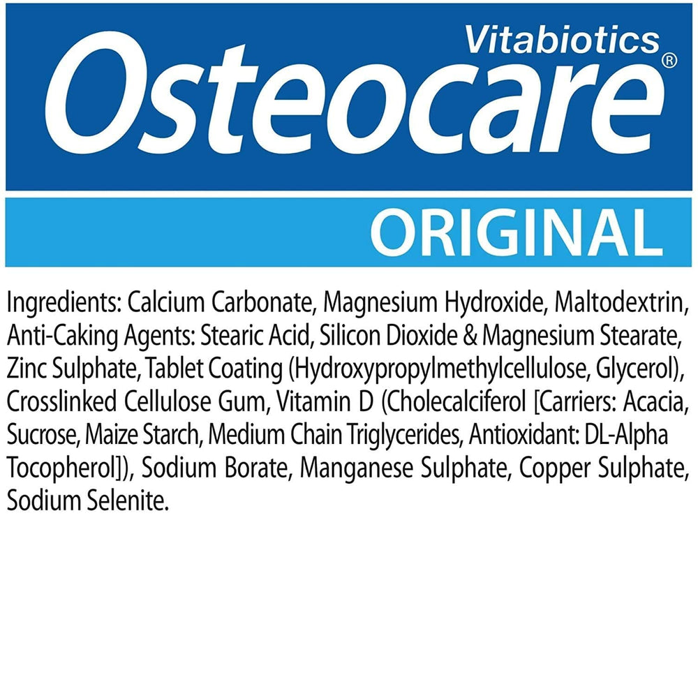 Illustration of key Osteocare ingredients: calcium, magnesium, zinc, and vitamin D3
