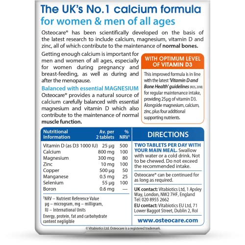 Osteocare Original Bone Health Formula bottle back label - 0.187 kg