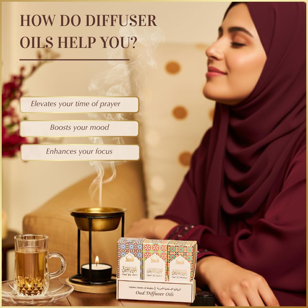 Display of three Oud diffuser oils