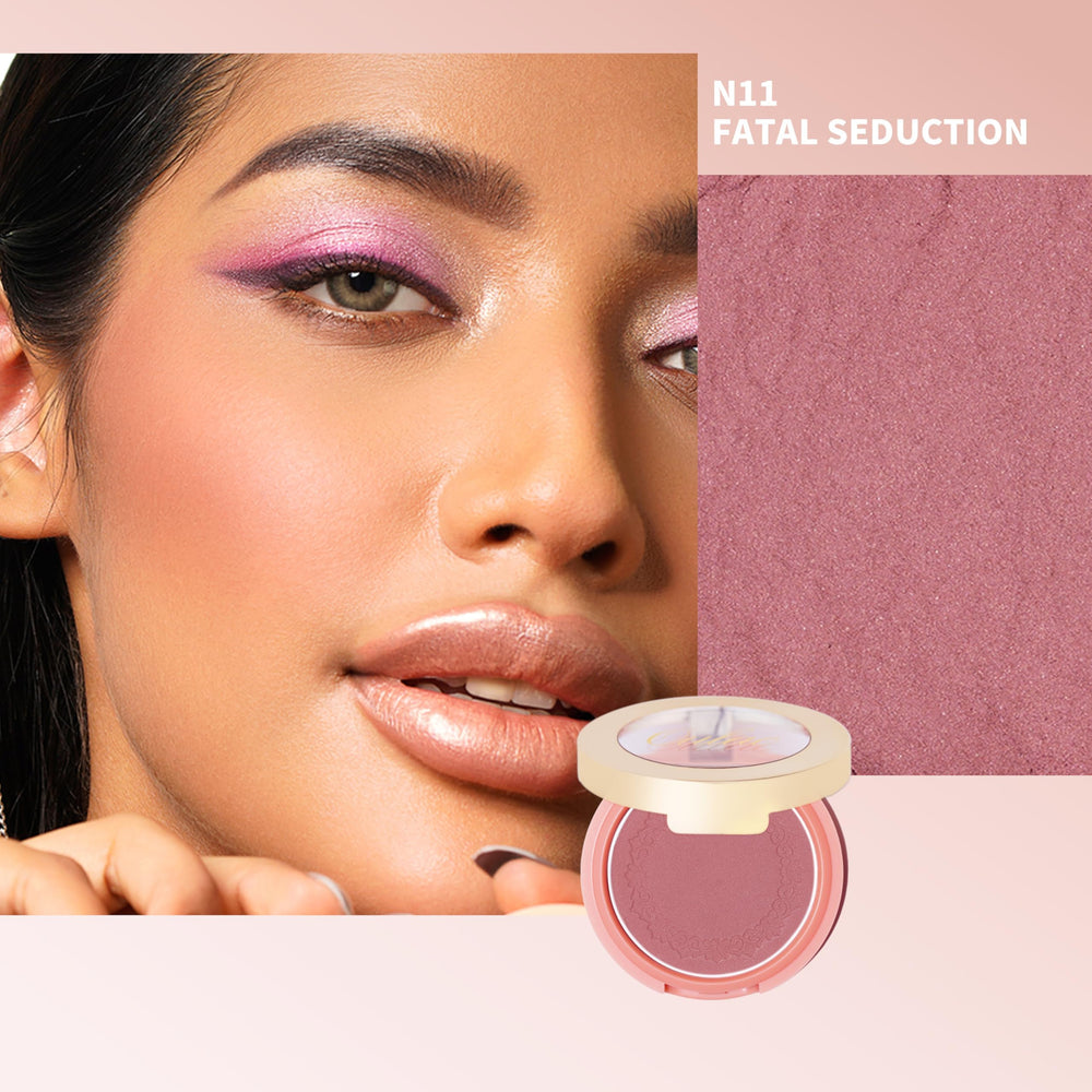OULAC Blush Powder Mauve offers buildable color for light to medium skin tones.
