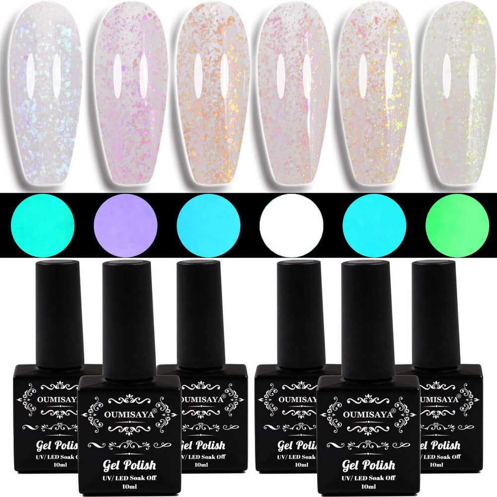 Oumisaya Glow in the Dark Opal Gel Nail Polish set glows under UV light.