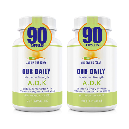 Front view of Our Daily Vites ADK supplement bottle