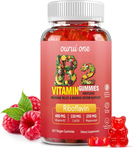 Front view of Ourui One Vitamin B2 Gummies 400mg Raspberry bottle with 60 vegan chewables.