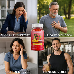 Lifestyle shot of adults and kids taking gummies for nervous system and skin health.