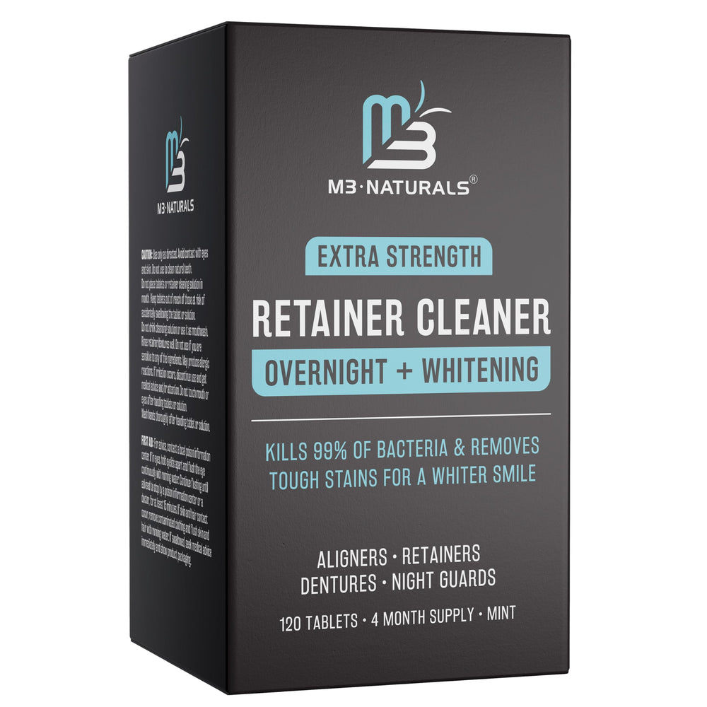 M3 Naturals Overnight Whitening Retainer Cleaner hero image with 120 tablets