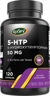 Front view of Oxify 5-HTP capsules bottle showing 50 mg per capsule