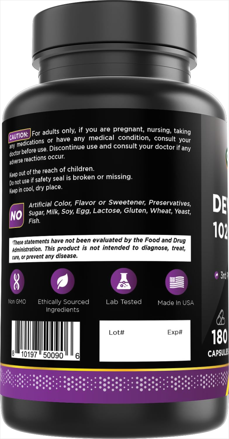 Nutrition facts and ingredient label on Oxify Devils Claw bottle