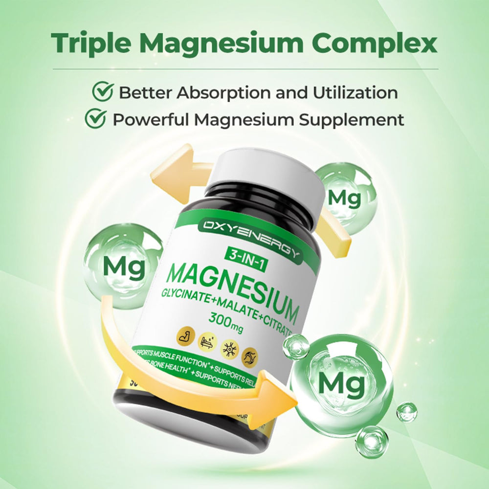 Close-up of triple magnesium capsules showing glycinate, malate, and citrate