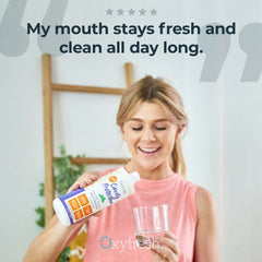 Close-up of Oxyfresh mouthwash label highlighting fluoride and non-staining formula