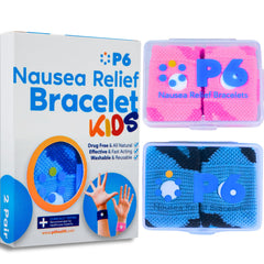 P6 motion-sickness bands for kids pack pink and blue provide portable nausea relief during travel.