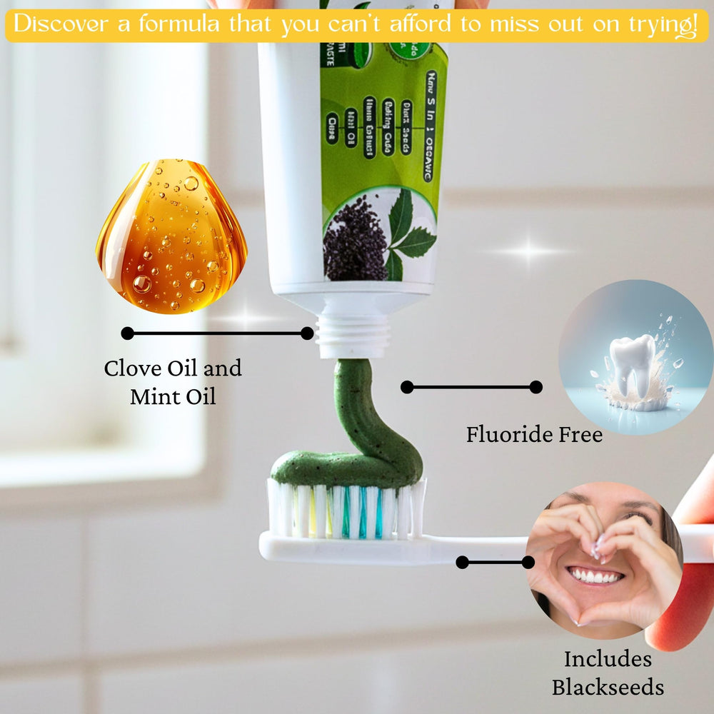Toothpaste tube label highlighting Neem, Clove and Cardamom ingredients