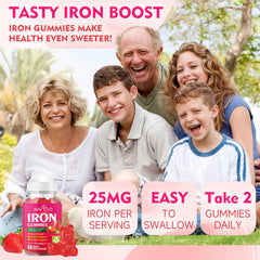 Product packaging and bottle of vegan iron gummies