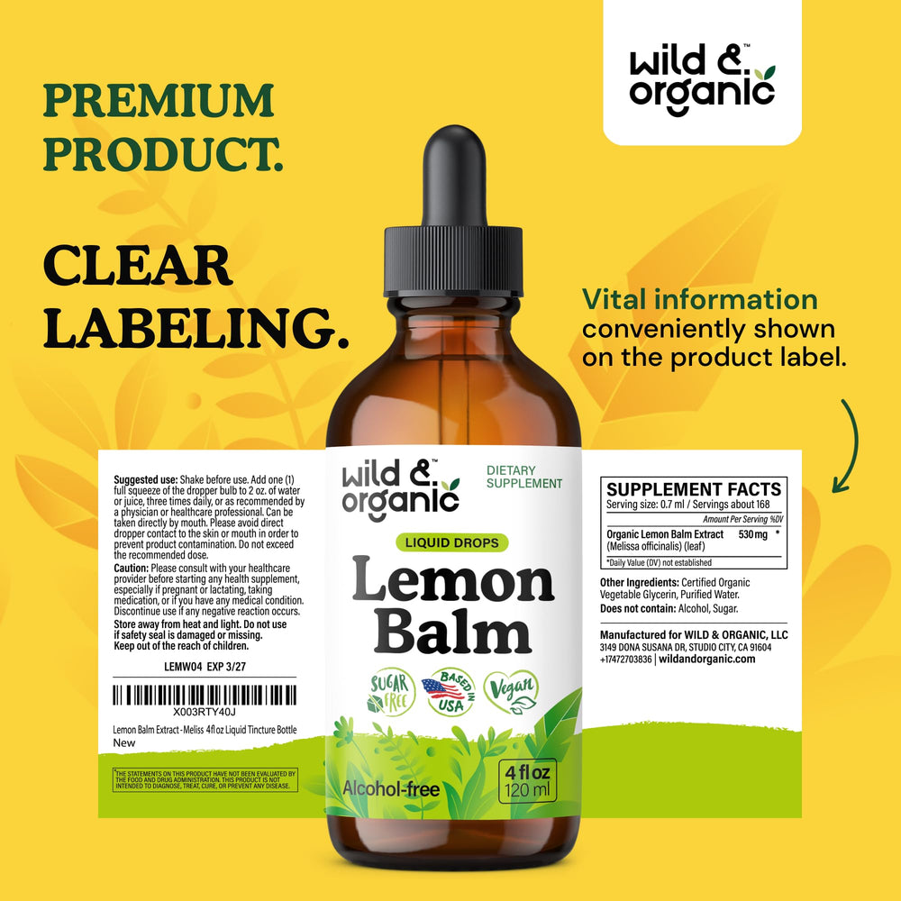 Packaging of Wild & Organic lemon balm tincture bottle