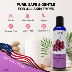 Front view of packaging for grape flavored massage oil