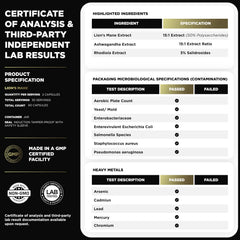 Product packaging with seals and potency information for Lions Mane