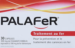 Close-up of PalaFeR label showing 300 mg ferrous fumatare per capsule