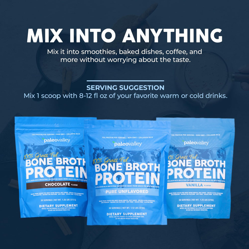 Pouring bone broth protein powder into smoothie
