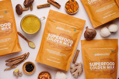 Front label of Paleovalley Golden Milk emphasizes organic, whole-food ingredients.
