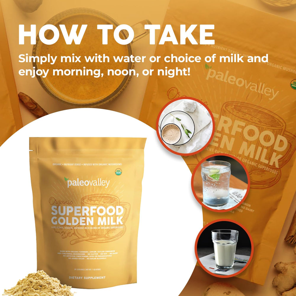 Golden Milk packaging with a scoop, signaling on-pack convenience and daily nourishment.