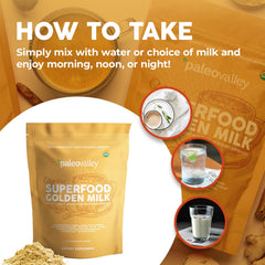 Golden Milk packaging with a scoop, signaling on-pack convenience and daily nourishment.