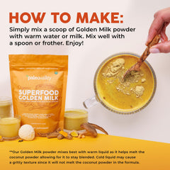 Person stirring Paleovalley Golden Milk in the morning for focus.