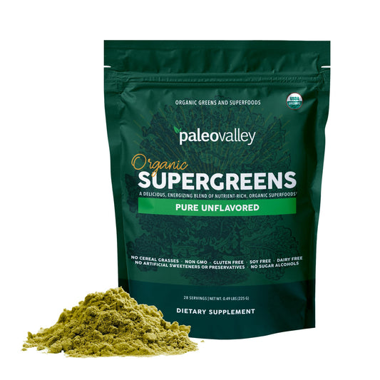 Paleovalley Organic Supergreens Powder bottle with scoop