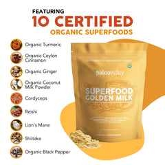 Close-up shows turmeric powder and organic mushrooms from Paleovalley for daily wellness.