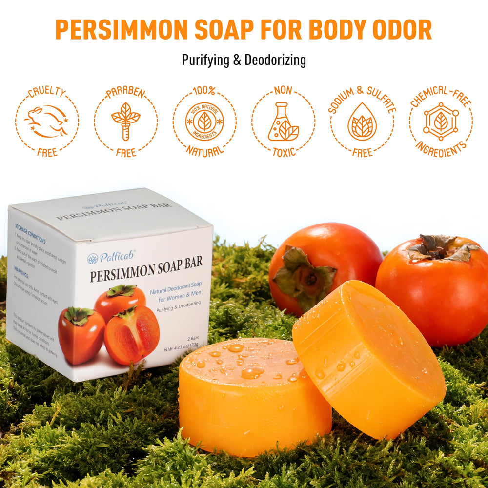 PALFICAB persimmon soap bubble lather close-up emphasizing natural cleansing.