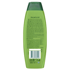 Palmolive Silky Shine Aloe Shampoo label closeup showcasing aloe formula for gentle cleansing.